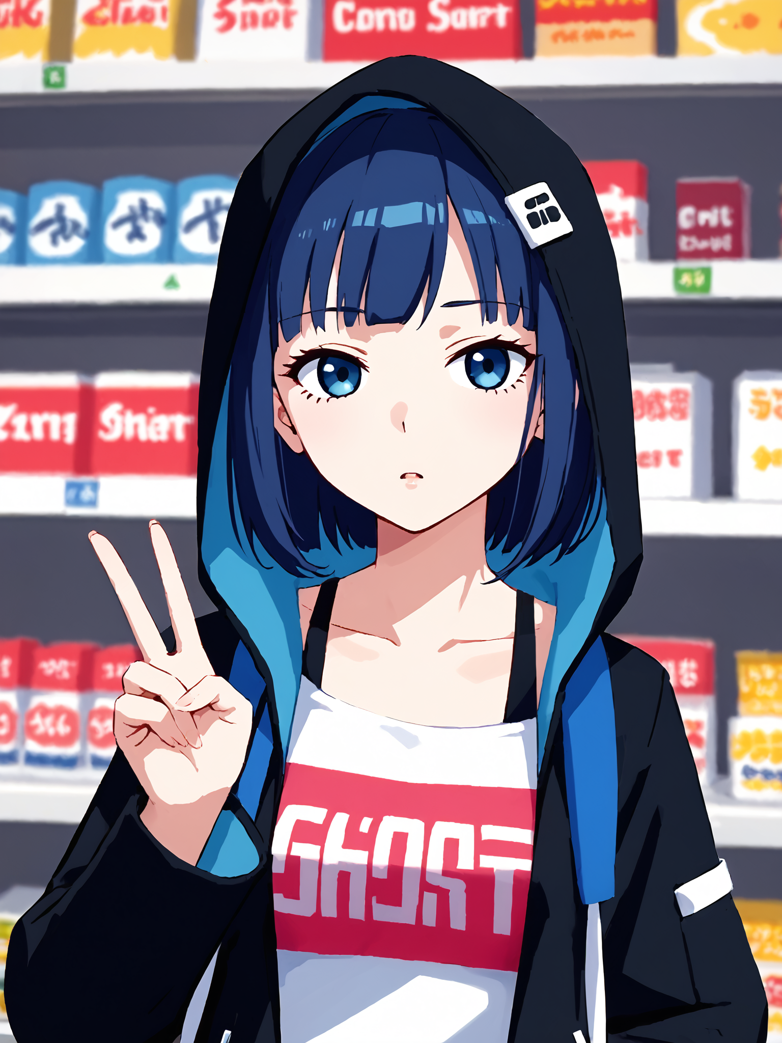 score_9, score_8_up, score_7_up, source_anime, BREAK
1girl, solo, <lora:TokyoStories_Suzu_Pony_v1:0.9>, short hair, bangs, blue hair, blue eyes, shirt, black jacket, blue backpack, hood up, white sneakers, standing, tokyo city, (convenience store:1.5), (upper body, closeup:1.5), (peace sign:1.5), long sleeves, looking at viewer, expressionless, (clothes writing:1.5),