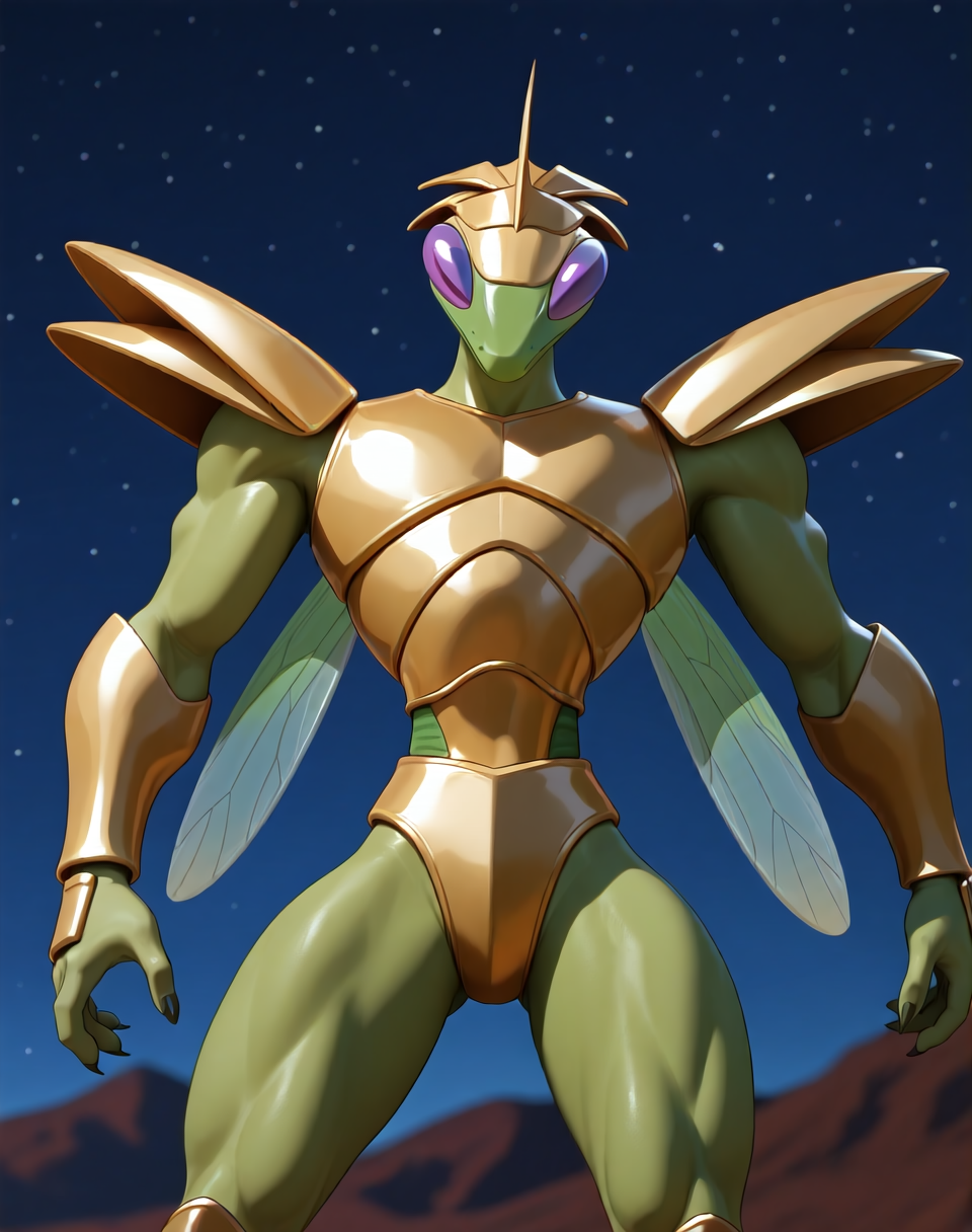<lora:Hyper_Katris_(Shinzo)_(Illustrious)_(AD):1> Hyper Katris, mantis, Shinzo, 
((
exterior, anime night sky, anime mountains, bent leg, cowboy shot, 
dynamic action, insect anthro, male focus, strong warrior, manly, bounty hunter villain, gold armor, 
)),
BREAK: very awe, aesthetically pleasing, masterpiece, best quality, amazing quality, very aesthetic, perfect depth of field shot, gradient coloring, subsurface reflections, 3d rendering, photographic realism, bare legs, green legs, source_furry, furry_art, 
masterpiece, best quality, amazing quality, very aesthetic, high resolution, ultra-detailed, absurdres, newest, scenery, {Prompt}, BREAK, detailed background, volumetric lighting,
BREAK: lazympos, lazypos (3),
