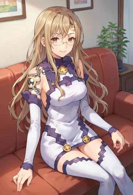 score_9,score_8_up,score_7_up,score_6_up,score_5_up,score_4_up,anime coloring,source_anime,<lora:Ardylia_Summon_Night_3_Pony:0.7>,ardylia,1girl,solo,brown eyes,glasses,long hair,brown hair,forehead ornament,shoulder tattoo,sleeveless dress,detached sleeves,thigh boots,smile,sitting,indoors,couch,looking_at_viewer,