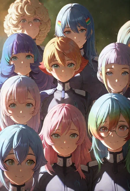 masterpiece,best quality,higres illustration,detailed face, ,lineup,smile, endless cosmos background, round glasses, short intricate spikey hair, multicolored hair, rainbow colored hair, freckles, green eyes, candy hairclip, different outfits, fractal nature of the multiverse, volumetric lighting, light particles, very aesthetic, vibrant colors, stunning visuals,