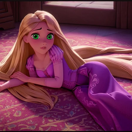 RapTang, 1girl, solo, blonde hair, very long hair, green eyes, 4K, best quality, disney, laying on side, barefoot, posing