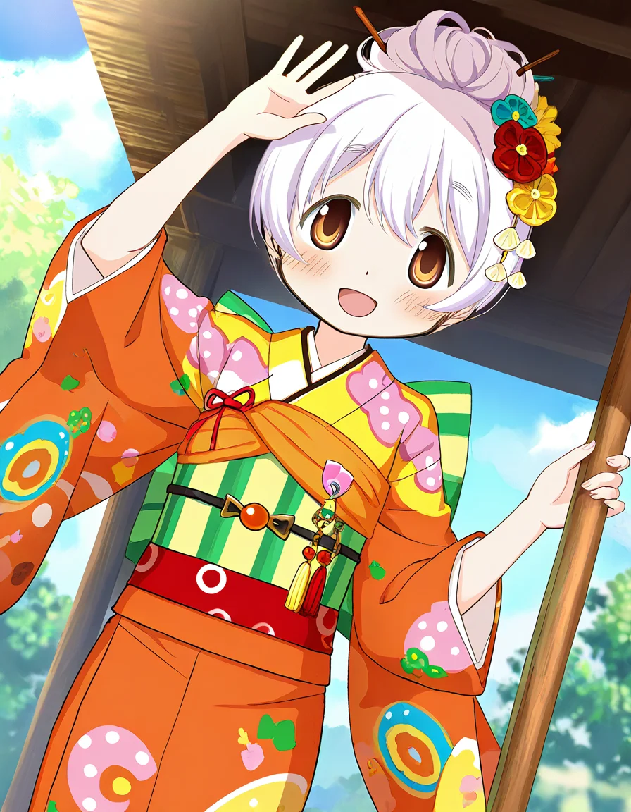masterpiece, best quality, newest, absurdres, highres, safe, 1girl, momoe nagisa \(haregi ver.\), magia record: mahou shoujo madoka magica gaiden, white hair, smile, open mouth, solo, day, outdoors, dutch angle, <lora:momoe_nagisa_noobaiXLNAIXL_vPred10Version:0.7>