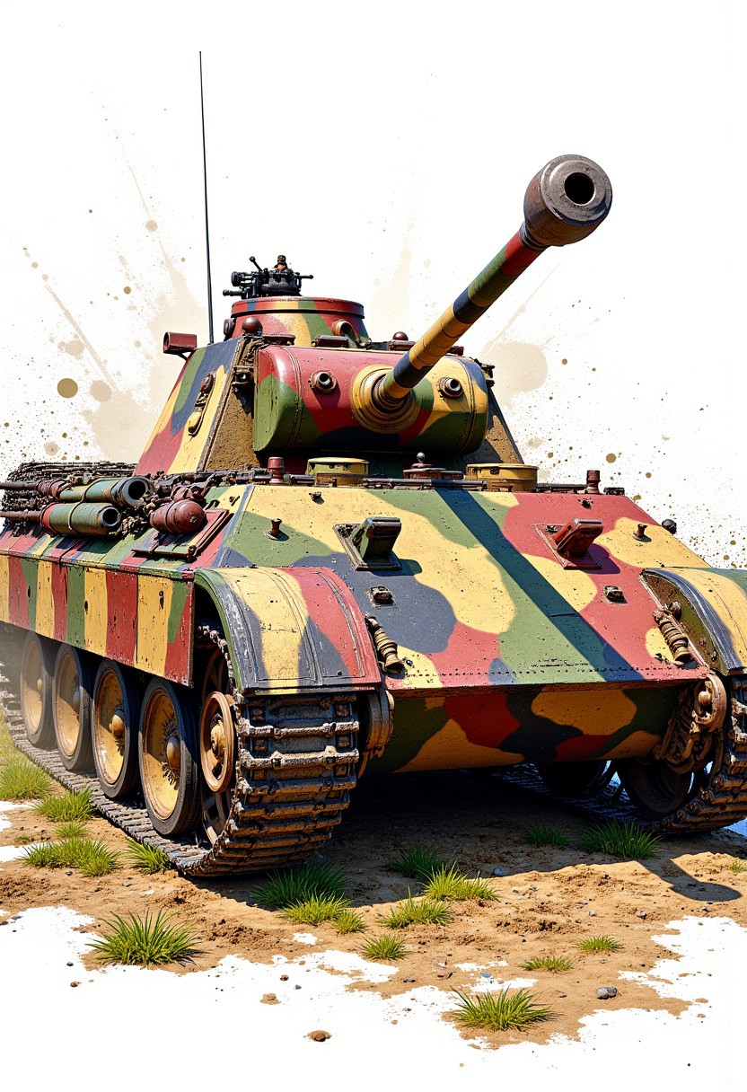 mythp0rt, masterpiece, watercolour splash art, WW2 german panther tank, camouflage paint, abstract background