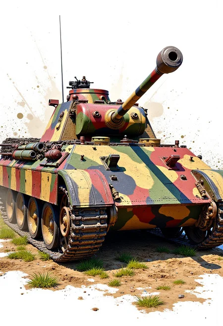 mythp0rt, masterpiece, watercolour splash art, WW2 german panther tank, camouflage paint, abstract background