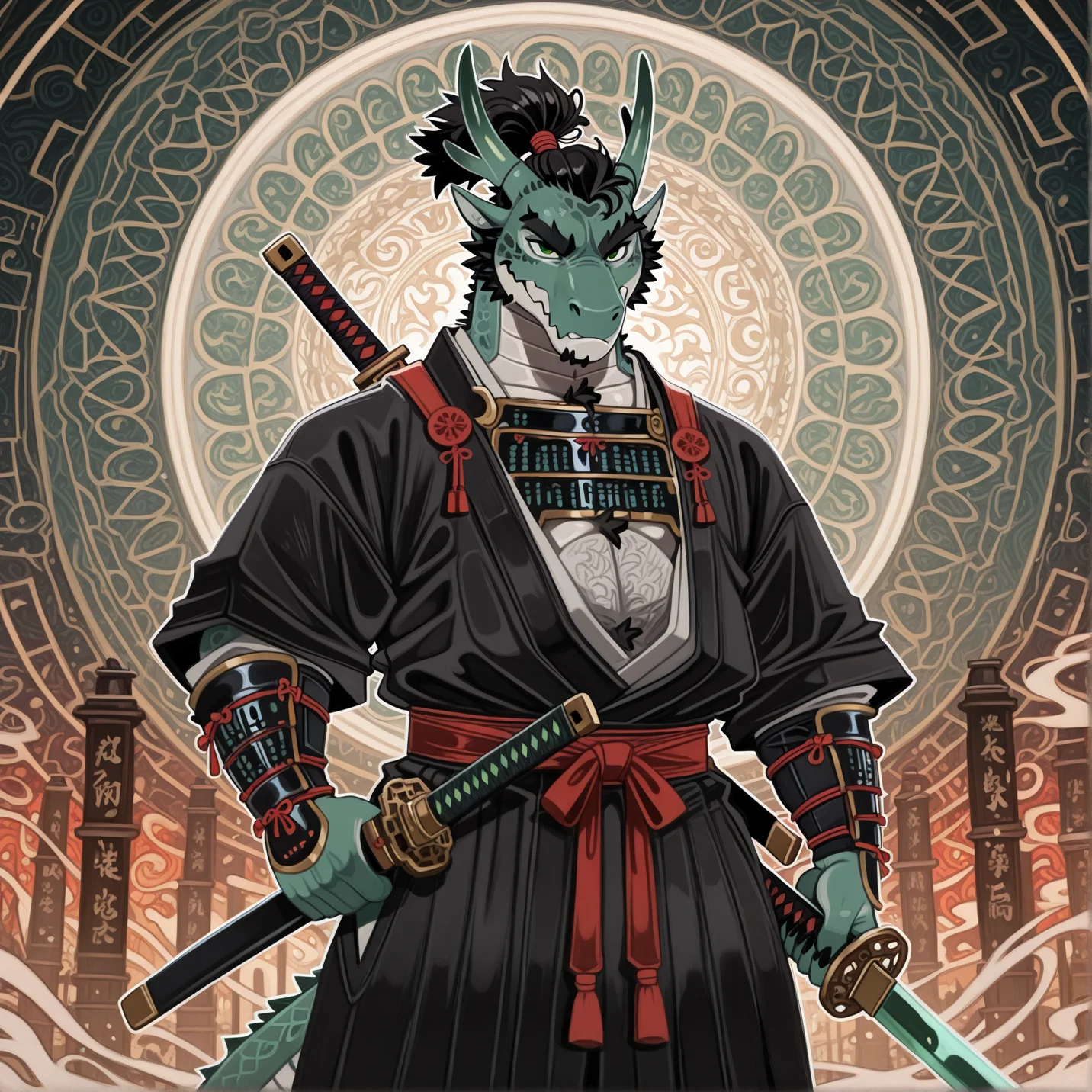 1boy,solo,male,anthro,dragon,dragon boy,sword,serious face,green eyes,abstract,colorful background,abstract background,mystical energy,samurai,samurai outfit,ponytail,kimono,fully clothed,sword,legendary sword,magic sword,detailed sword,hand on sword,raytracing,good lighting,cinematic light,cinematic,masterpiece,best quality,amazing quality,(jerro)