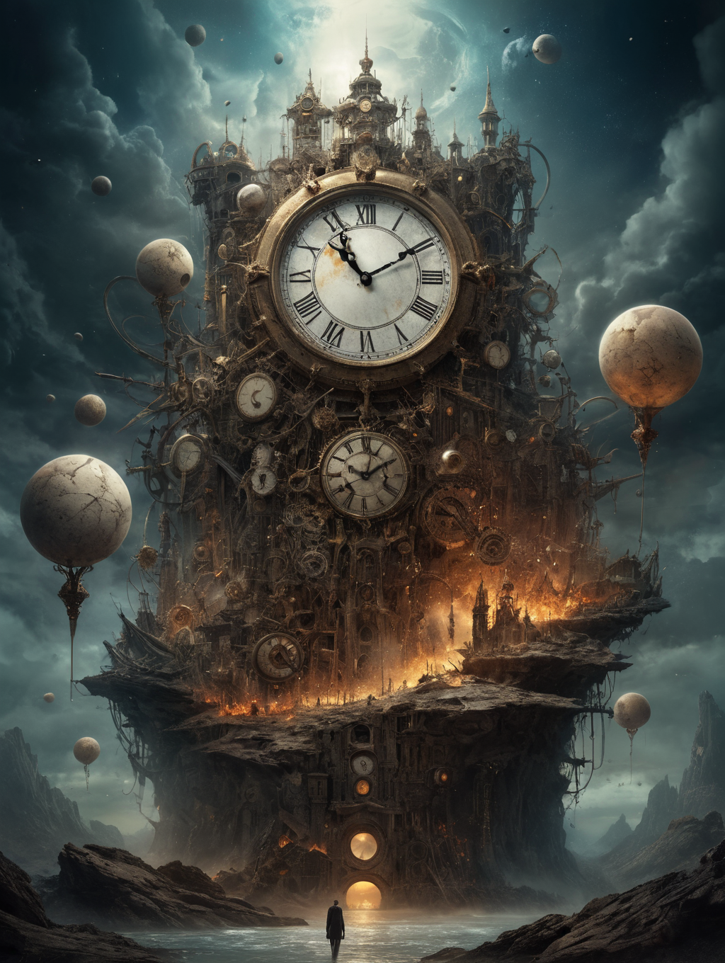 When our time has come, it's time to go, all clocks stop, in the style of epic Surreal, abstract, bizarre, Michael Moorcock, 32k uhd, focus eyes,
 fearsome appearance, masterpiece, high resolution, HD, 8k, best quality, intricate details,
 <lora:add-detail-xl:1.8>