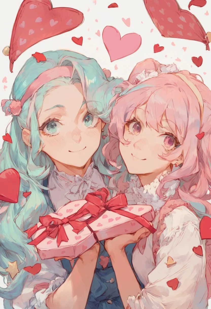 score_9, score_8_up, score_7_up, score_6_up, 2girls, Galentine's Day, anime, sharing gifts, valentines day, pink and white clothing, cute, smiling, cute face