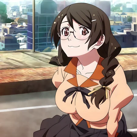 <lora:pony_xl_hanekawa>,hanekawa,score_9,source_anime,best quality,masterpiece,super fine illustration,1girl,solo,cowboy_shot,looking_at_viewer,ribbon,naoetsu_high_school_uniform,school uniform,puffy long sleeves,black skirt,collarbone,:3,cat mouth,smile,city,cityscape,shining sunlight,sitting,leaning_forward,hands_on_lap,
