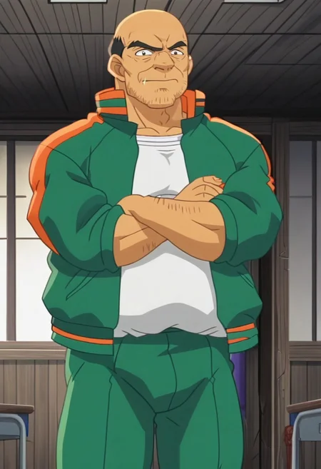 source_cartoon, screencap, negative_hand, solo, 1boy, onikuma, yotaro onikuma, yotaroonikuma, ugly bastard, shirt, tracksuit, white shirt, bald, muscular, muscular man, cowboy shot, front view, crossed arms, abandoned school background, indoors, anime screencap