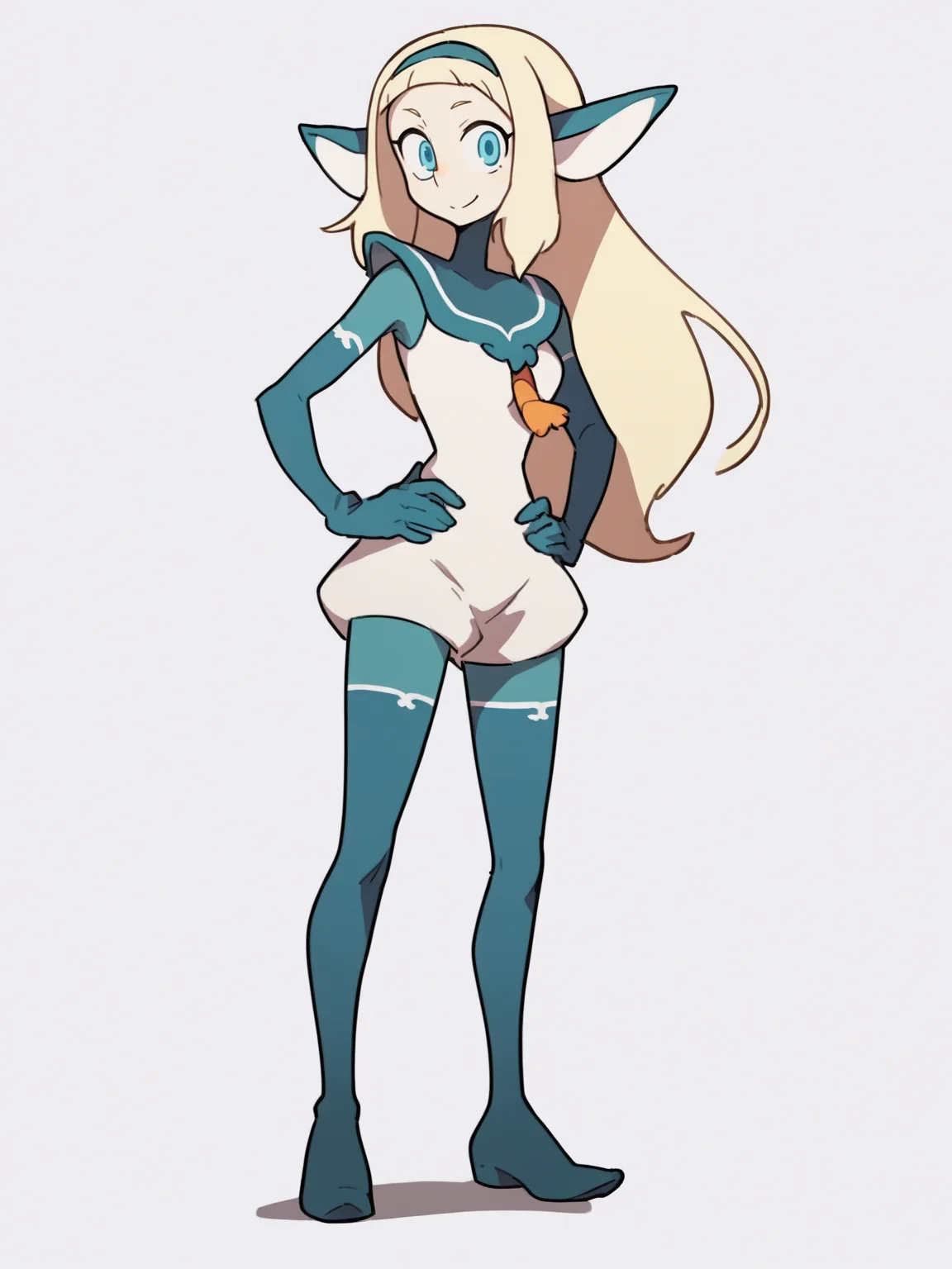 score_9, score_8_up, score_7_up, score_6_up, score_5_up, score_4_up, BREAK, source_cartoon, source_anime,
1girl, bakarajurgen, blonde hair, long hair, blue eyes, hairband, animal ears, bodysuit, colored skin, gloves, hairband, pantyhose, thighhighs,
hands on hips, full body, feets, standing, smile, looking at viewer, solo, simple background, white background <lora:BakaraJurgenXL:1>