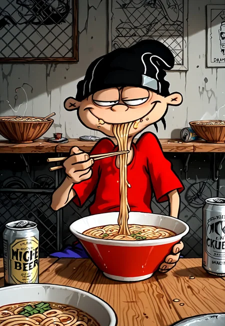 masterpiece, absurdres, highest quality, highly detailed, source_cartoon, 1boy, solo, eddboi smug, sockhead, smooth black beanie, red shirt, blue shorts, eating ramen, detailed bowl of ramen, eating with chopsticks, ramenya background, can of beer on table, detailed background, indoors, no earflaps, no hat flaps, no flaps, no hair,