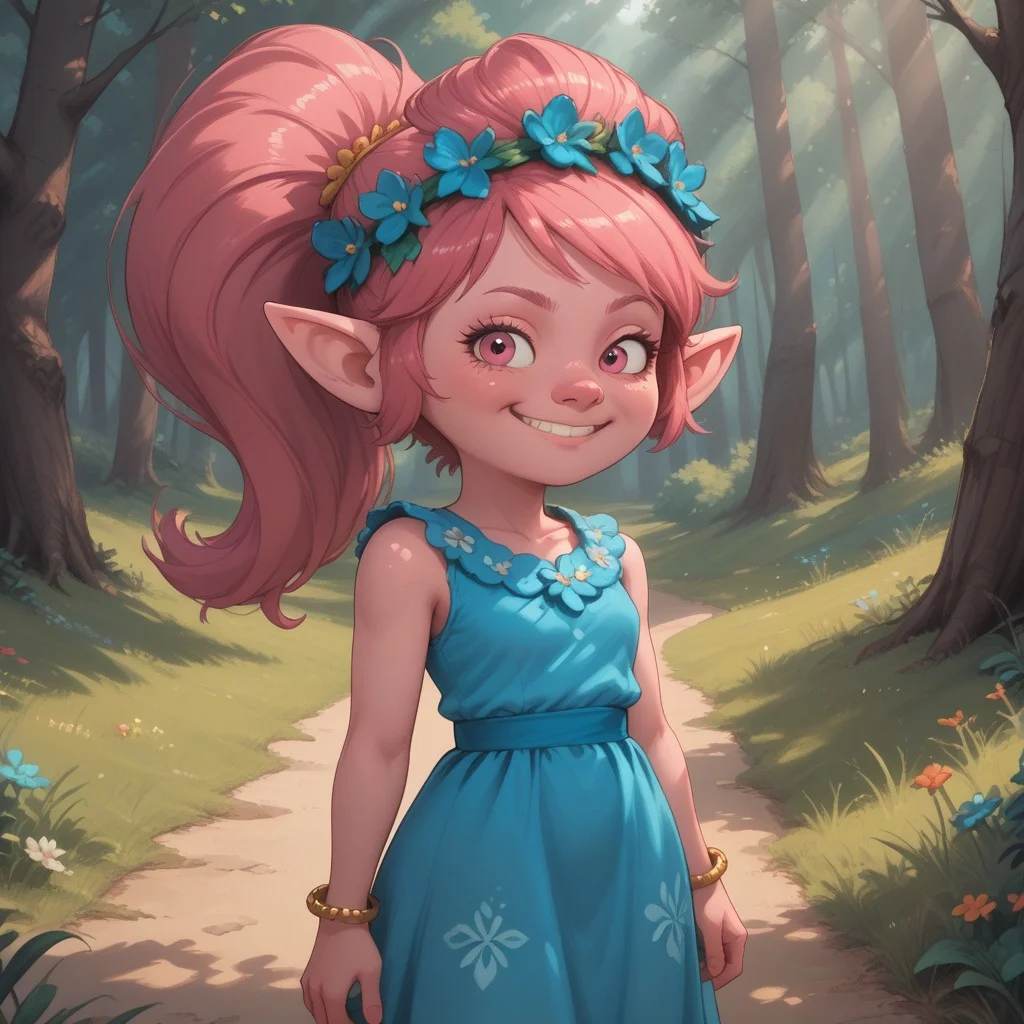score_9, score_8, BREAK, solo, Poppy_(\Trolls\), pink skin, pink hair, pink nose, ponytail, pink eyes, pointy ears, bracelet, hair flower, head wreath, cyan dress, barefoot, sexy pose, self portrait, smile, outdoors, sunlight, shadows, evening lighting, natural lighting, forest, trees, grass, orange sky, sunset