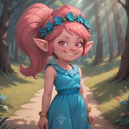 score_9, score_8, BREAK, solo, Poppy_(\Trolls\), pink skin, pink hair, pink nose, ponytail, pink eyes, pointy ears, bracelet, hair flower, head wreath, cyan dress, barefoot, sexy pose, self portrait, smile, outdoors, sunlight, shadows, evening lighting, natural lighting, forest, trees, grass, orange sky, sunset