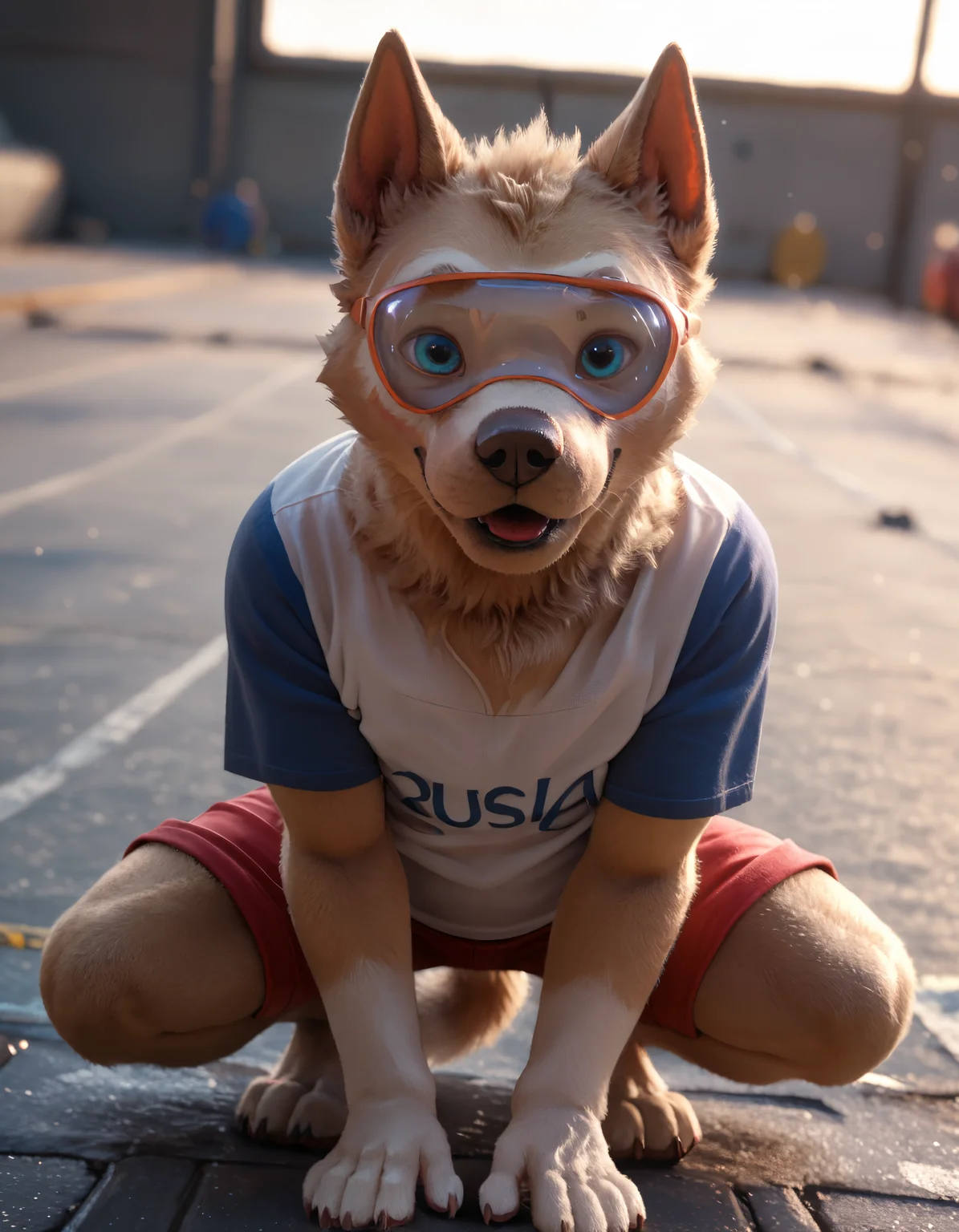 score_9, score_8_up, score_7_up, BREAK rating_safe, detailed, cinematic lighting, hdr, masterpiece, best quality, ultra realistic, 4k, 2k, film photography, RAW photo, photorealistic, analog style, subsurface scattering, photorealism, <lora:add-detail-xl:2.5>, <lora:2.5DRealisticV2.safetensors:0.25>, <lora:sinfully_stylish_SDXL.safetensors:1.0>, <lora:AdvancedEnhancerXLv2.safetensors:1.0>, (solo:1.25), <lora:zabivaka-14.safetensors:1.0>, zabivaka, anthro, mammal, clothing, male focus, fifa, eyewear, blush, tongue, tail, shirt, topwear, clothes pull, (red shorts:1.1), dog boy, belly, white shirt, goggles, plump, lifted by self, blurry background, claws, pawpads, digitigrade (from above, squatting leaning forward, expressionless:1.15)