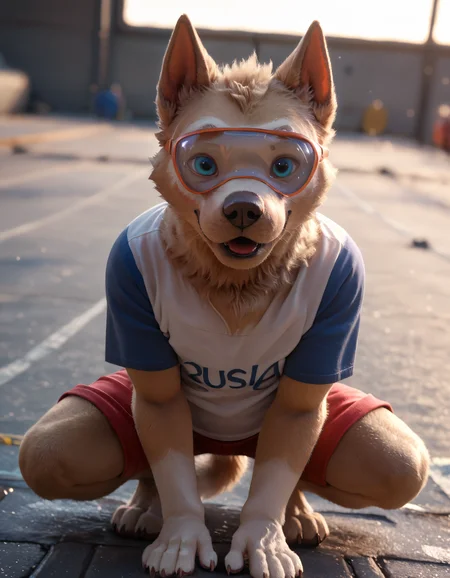score_9, score_8_up, score_7_up, BREAK rating_safe, detailed, cinematic lighting, hdr, masterpiece, best quality, ultra realistic, 4k, 2k, film photography, RAW photo, photorealistic, analog style, subsurface scattering, photorealism, <lora:add-detail-xl:2.5>, <lora:2.5DRealisticV2.safetensors:0.25>, <lora:sinfully_stylish_SDXL.safetensors:1.0>, <lora:AdvancedEnhancerXLv2.safetensors:1.0>, (solo:1.25), <lora:zabivaka-14.safetensors:1.0>, zabivaka, anthro, mammal, clothing, male focus, fifa, eyewear, blush, tongue, tail, shirt, topwear, clothes pull, (red shorts:1.1), dog boy, belly, white shirt, goggles, plump, lifted by self, blurry background, claws, pawpads, digitigrade (from above, squatting leaning forward, expressionless:1.15)