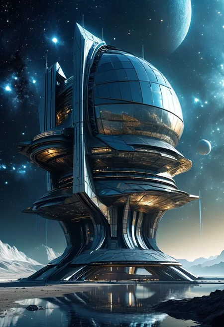 concept art of futuristic arcology, astroengineering megastructure in starry space, crisp digital render, reflective textures, intricate details, high resolution