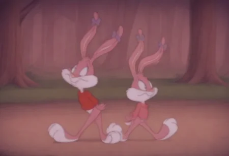 masterpiece, best quality, break, (rabbit boy, buster_b, furry), break, (rabbit girl, babs_b, bow, furry), walking, forest, blush, looking at another <lora:Buster and Babs Bunny (Tiny toon Adventures):0.85>,