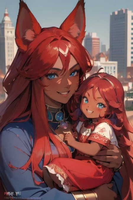 (masterpiece, best quality:1.5), (ultra realistic:1.5), (8k uhd, very high quality:1.5), (extremely detailed face:1.5), (dark skin and muscular mother with blue eyes and ruby red hair holding her dark skin female child:1.5), (dark caramel skin:1.5), (absurdly long ruby red hair:1.5), (ruby red fox ears:1.5), (smiling and happy:1.5), (bright blue eyes:1.5), (city background:1.5)