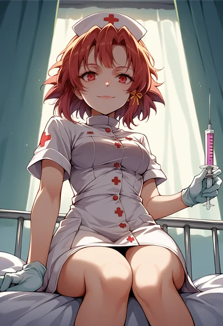 score_9, score_8_up, source_anime, 1girl, solo, Izetta, short hair, hair ribbon, nurse cap, nurse, impossible clothes, gloves, holding syringe, large syringe, bed, from below, seductive smile, sitting, <lora:ChamIzettaPonyXL:1>