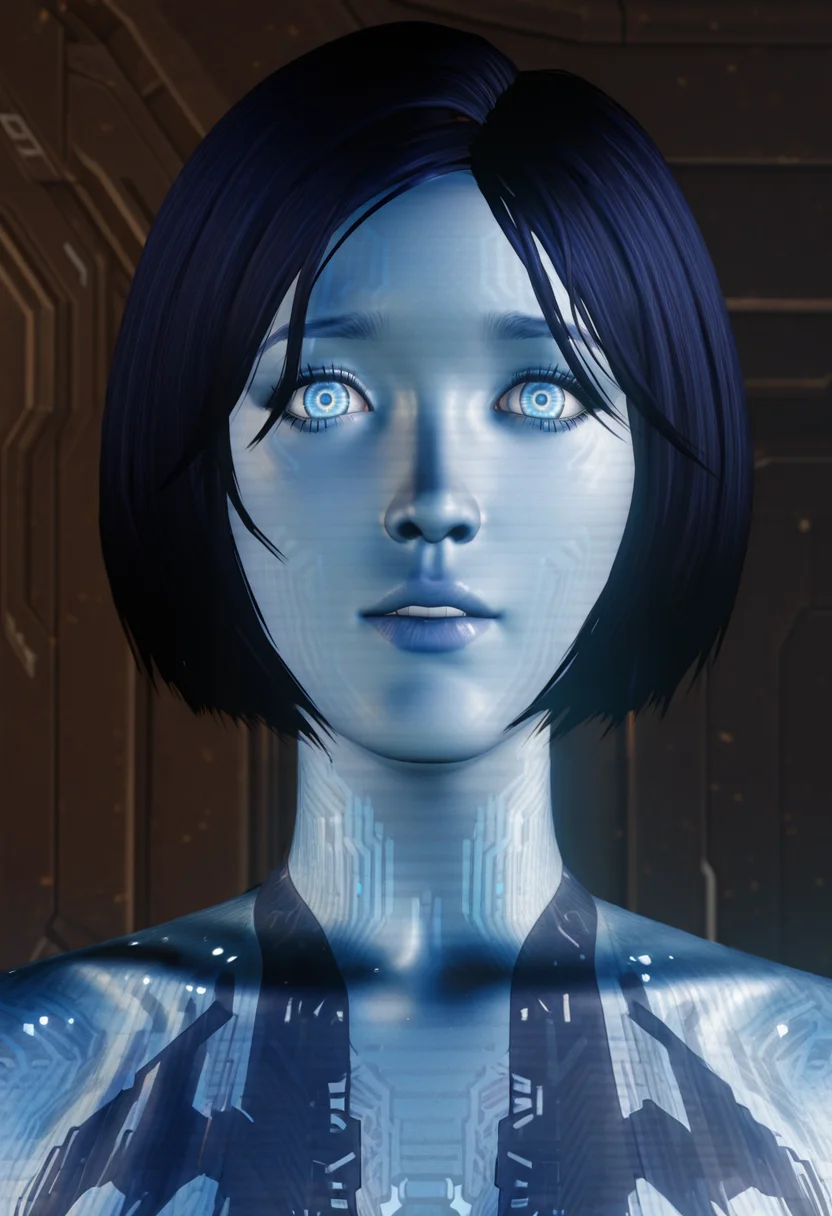 <lora:Cortana_Halo_4 v2:1> Cortana_h4, blue skin, blue eyes, glowing skin, holographic body, glowing lines, short bob haircut, 3d, looking at viewer, close up