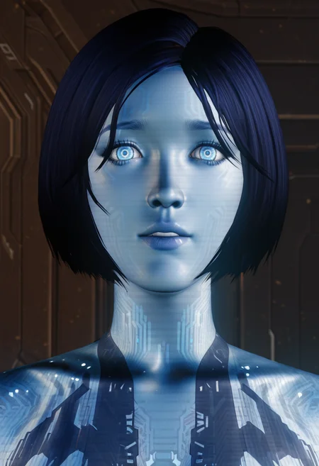 <lora:Cortana_Halo_4 v2:1> Cortana_h4, blue skin, blue eyes, glowing skin, holographic body, glowing lines, short bob haircut, 3d, looking at viewer, close up