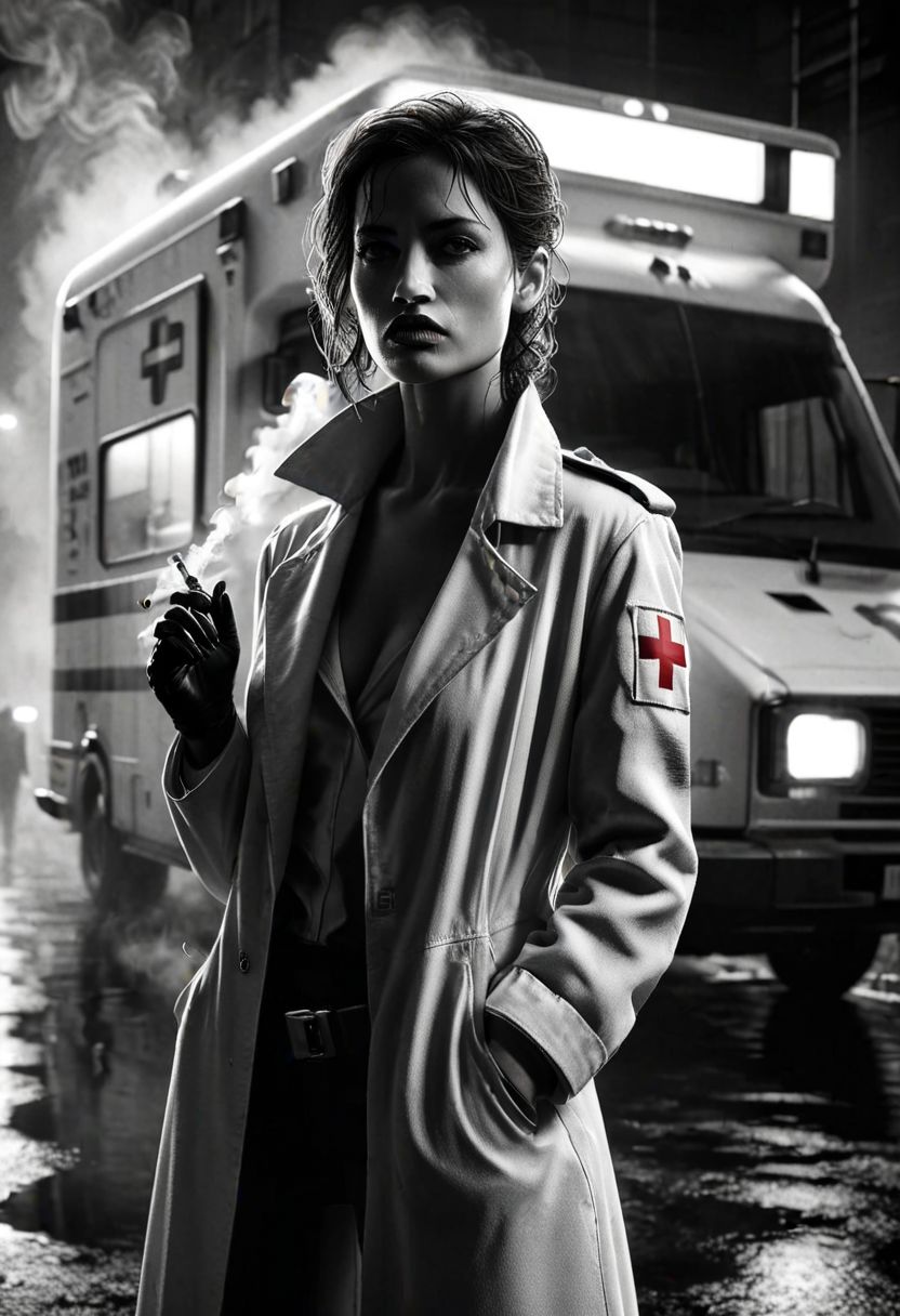 Masterpiece, realistic, Cinematic upper body photo from: 
female  ambulance doctor, driver, leaning on the futuristic ambulance van with red cross, (smoking a cigarette:1.2).
She wears white medical uniform and coat with (red cross:1.8), trousers and military boots. Hair into face. concerned. 
Black and white. Sin city comics style, mad-sincity, we can't see eyes. 
Cinematic, high resolution, detailed background, upper body shot , Cinematic Lighting, JuggernautNegative,, OverallDetail, realisticvision-negative-embedding, indoor light, 4ng3l face, bokeh, Movie Still, Film Still,