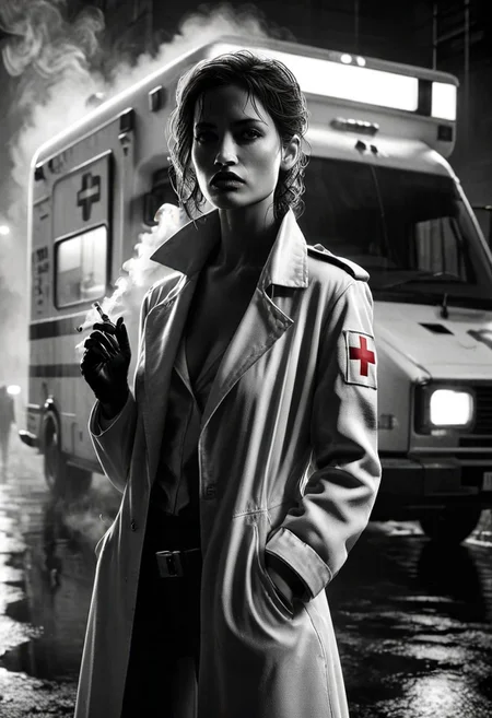 Masterpiece, realistic, Cinematic upper body photo from: 
female  ambulance doctor, driver, leaning on the futuristic ambulance van with red cross, (smoking a cigarette:1.2).
She wears white medical uniform and coat with (red cross:1.8), trousers and military boots. Hair into face. concerned. 
Black and white. Sin city comics style, mad-sincity, we can't see eyes. 
Cinematic, high resolution, detailed background, upper body shot , Cinematic Lighting, JuggernautNegative,, OverallDetail, realisticvision-negative-embedding, indoor light, 4ng3l face, bokeh, Movie Still, Film Still,