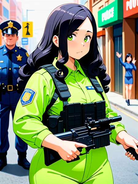 anime, illustration, best quality, (masterpiece:1.4), (high quality:1.4), sharp focus, 4k, absurd resolution, detailed hands, curly hair, long hair, (black hair:1.6), 1girl, mature female, (parted hair:1.7), (round face), (no_bangs:1.3), (no_fringe:1.6), <lora:ETO_OC_XL:0.7>, (thick eyebrows:0.9), (plump:0.8), round-chin, (greenish brown eyes), (brownish green eyes), caucasian, down-turned eyes, 1girl, (forehead:0.65), <lora:swat gear_xl:0.5> swat gear, weapon, (slit throat), gun, uniform, police, rifle, street, officers, soldier, military, officer,