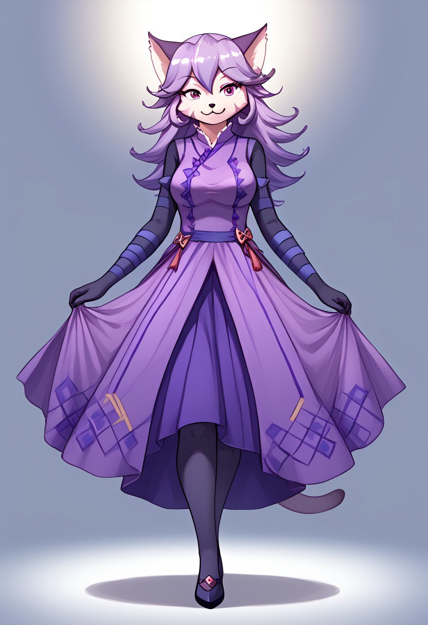 (absurdres), (highest quality), good_hands, opera_kranz_(solatorobo), furry, kemono, anthro, female, feline, felineko, purple fur, 1girl, solo, full body, standing, looking at viewer, smiling, grinning, alternate outfit, dress, purple dress
