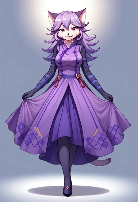 (absurdres), (highest quality), good_hands, opera_kranz_(solatorobo), furry, kemono, anthro, female, feline, felineko, purple fur, 1girl, solo, full body, standing, looking at viewer, smiling, grinning, alternate outfit, dress, purple dress