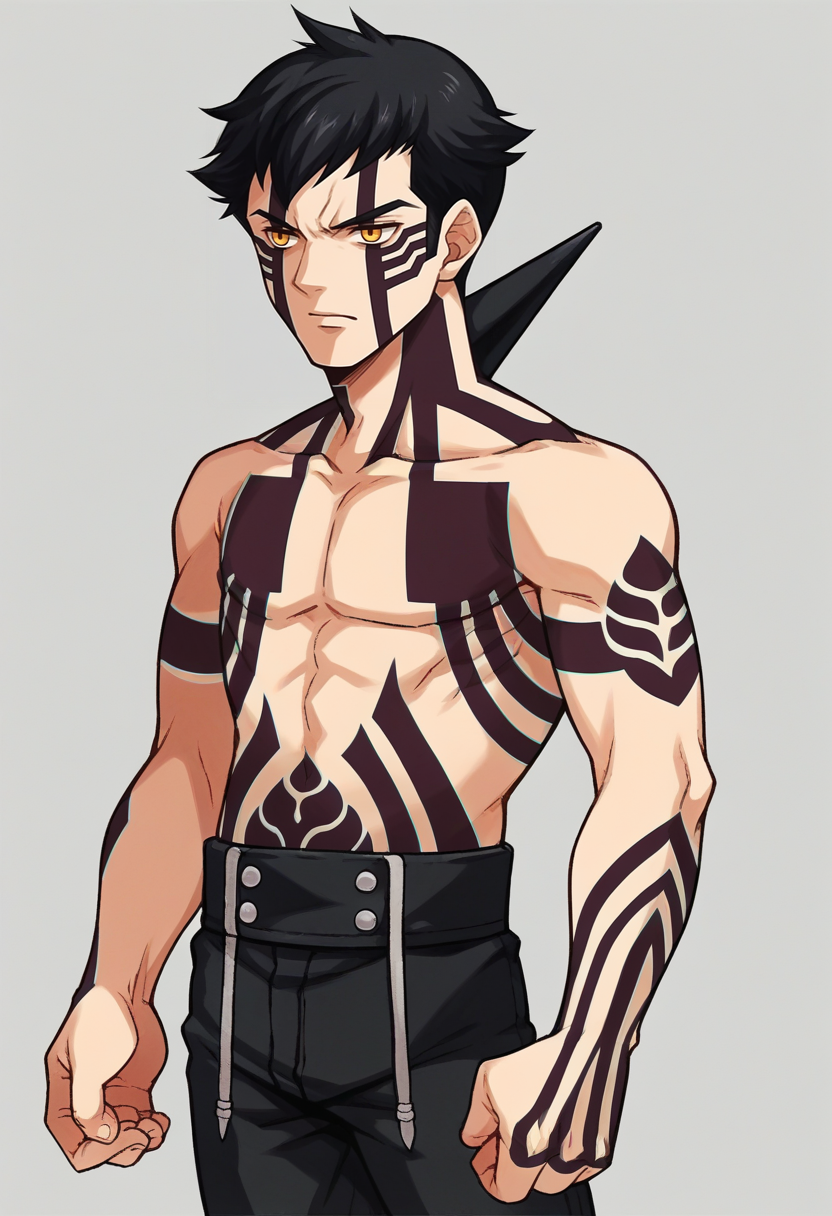 score_9, score_8_up, score_7_up, source_anime BREAK
<lora:zs_FE9PortraitsXL:1> fe9portraits, solo, cowboy shot, simple background, 1boy, male focus
 <lora:smtiii_demi-fiend_ponyXL:1> demi-fiend, full-body tattoo, topless male, black shorts