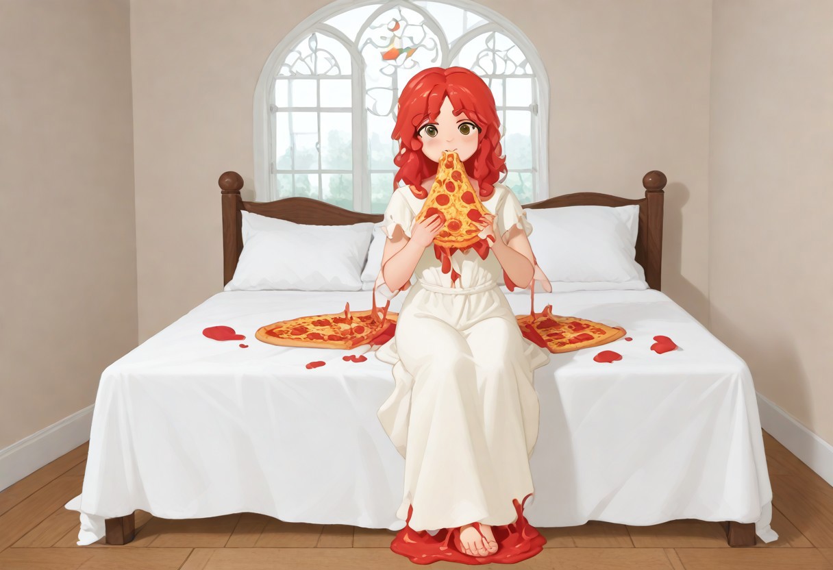 red slime girl ((eating pizza)) pizzasdx, looking at viewer (pizza melting:1.5) medieval bedroom background, masterpiece, full body sitting on bed, white bed, bed, white sheets, window, good light, perfect hands, good hands (hands on pizza)