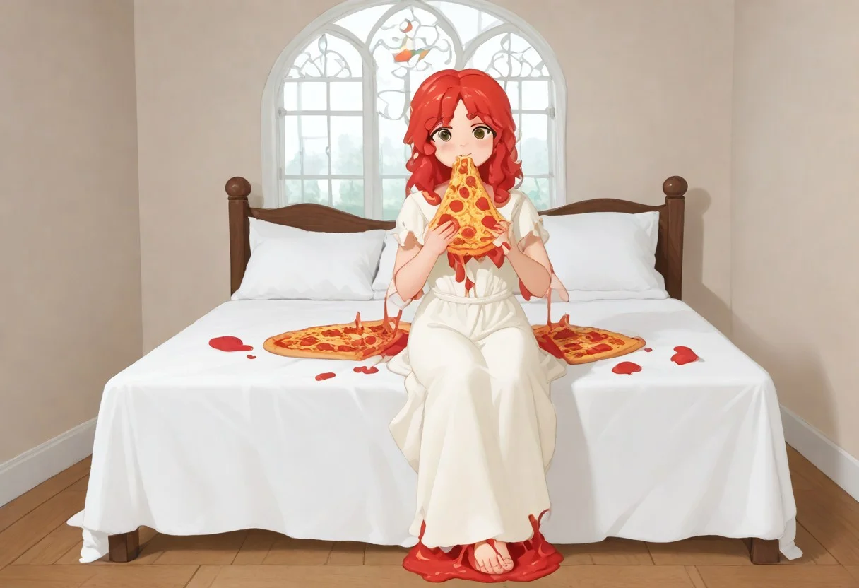 red slime girl ((eating pizza)) pizzasdx, looking at viewer (pizza melting:1.5) medieval bedroom background, masterpiece, full body sitting on bed, white bed, bed, white sheets, window, good light, perfect hands, good hands (hands on pizza)