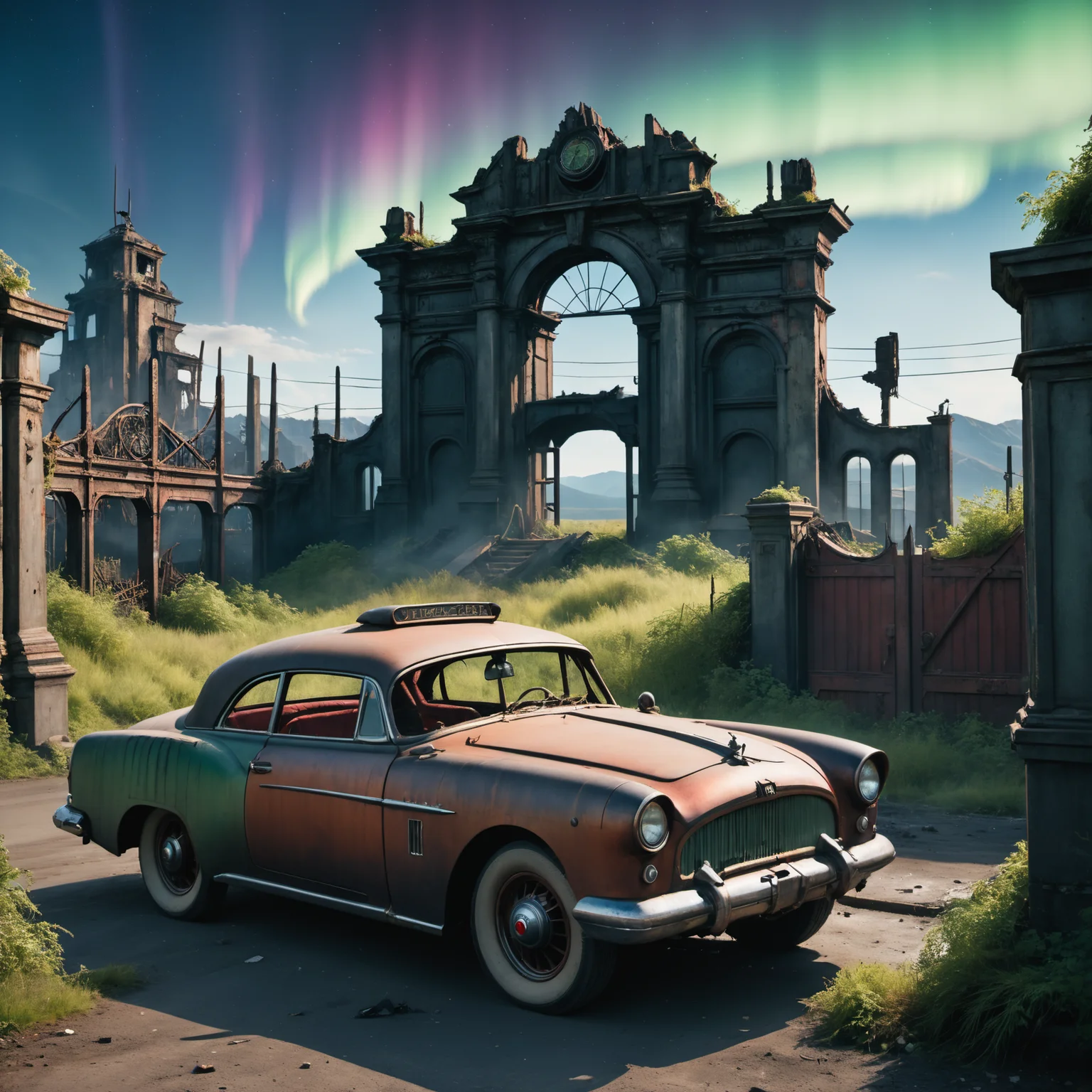 anime artwork destroyed gate, (epic post apocalyptic destroyes city overgrown ruins), detailed background, red eyes, close-up, amazing fine detail, RAW photo, Nikon D850 film stock photograph Kodak Portra 400 camera f1.6 lens, rich colors, lifelike texture, dramatic lighting, unreal engine, trending on ArtStation, cinestill 800 tungsten, ((new dawn on horizon)), (aurora borealis), ((dieselpunk:1.3)), ((dieselpunk car)), (woman laying on car) . anime style, key visual, vibrant, studio anime, highly detailed