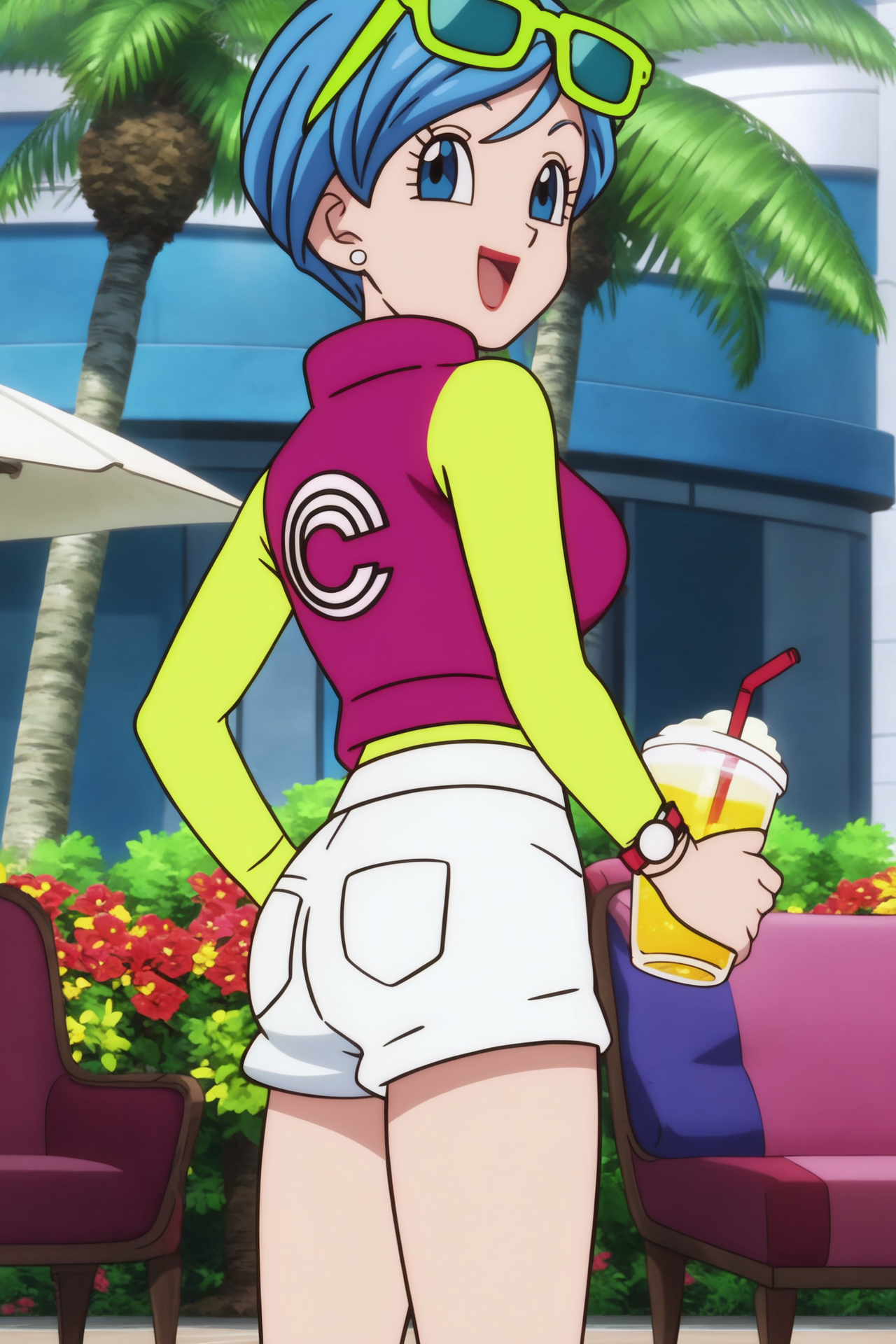 source_anime, score_9, score_8_up, score_7_up, anime screencap,8k, absurd res, 
bulma, 1girl, solo, smile, short hair, open mouth, blue eyes, jewelry, blue hair, flower, :d, earrings, shorts, tree, cup, sunglasses, eyewear on head, white shorts, palm tree,  two tone jacket, yellow sleeves, purple jacket, print jacket, from behind, looking back at another, official style, 
 <lora:bulma_pony_v2:0.8>