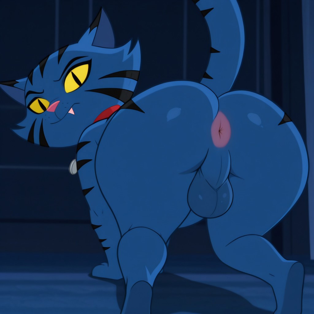 dex starr, cat, blue fur, black stripes, 2D, male, feral, yellow sclera, slit pupils, standing, on all fours, back view, from behind, tail, pink nose, cat ears, looking back at viewer, bent over, ass up, anus, testicles, fang, red collar, best quality, 4K, blu ray, screencap, perfect, masterpiece, big butt, bubble butt, booty, round ass, plump butt cheeks, whiskers, fat ass,