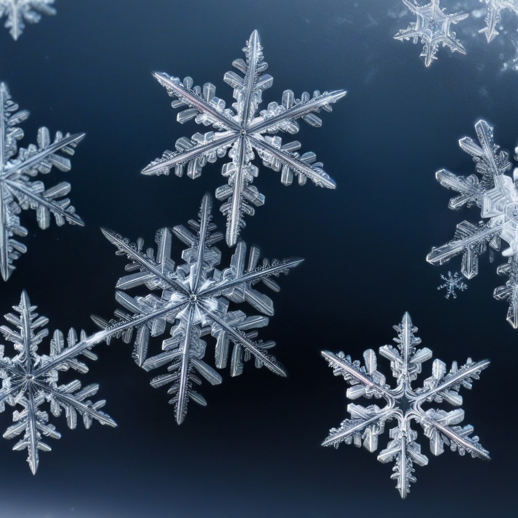 Closeup of multiple falling snowflakes, each a different shape