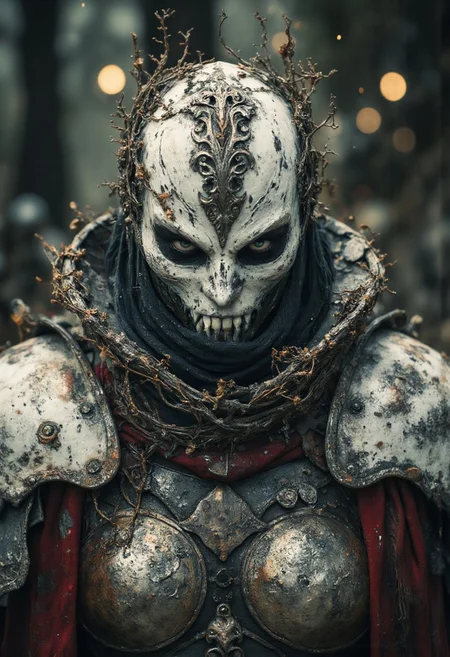 A nordic goddess of war — her face framed by a towering, bone-white metal collar that rises like the jaws of an ancient beast, etched with cracked runes and ivy filigree faded by time. No helm shields her, only the sharp geometry of the collar casting shadows across her glowing black skin, patterned faintly in antique rose and parchment-toned sigils like scars of old enchantments. Her eyes hide beneath the deep hood of a ruined war-cloak, stitched with ghost-white threads and washed-out blood-red fabric that falls in soft, swirling folds — worn like a priestess’s vestment twisted into something predatory. A single pauldrons crowns her right shoulder, shaped like weathered sandstone curling into fossilized vines, elegant yet lethal. Her busty form is bound in heavy armor sculpted with Art Nouveau curves, every plate an artwork of brutal grace — stained, cracked, and holy. No flesh is exposed that is not deliberate: the ornate neckline bares power, not weakness. Aura tendrils rise from her back like smoke drawn in floral lines, casting sepia shadows that shift with every silent breath. Behind her: a desaturated battlefield of memory, lit only by the haunting glow of wine-red mist and volumetric pale light. Her presence carves into the scene like a myth — motionless, eternal, manga-framed in fine, worn ink lines. A relic of war and wonder, unforgiving and divine.