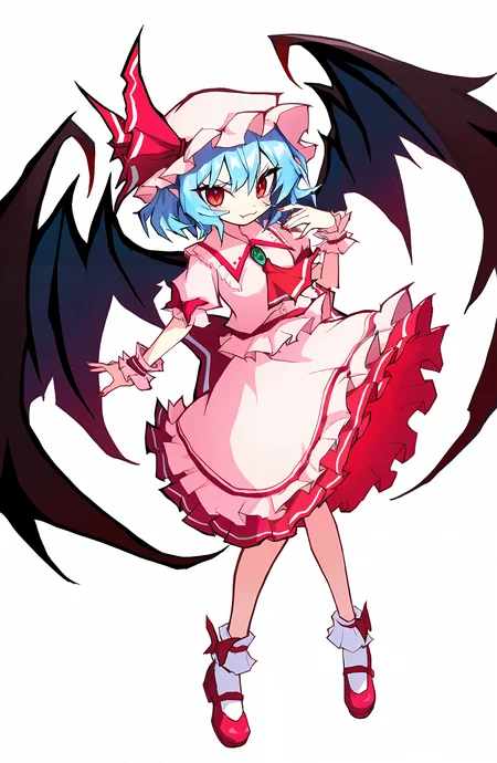 remilia_scarlet, 1girl, solo, looking_at_viewer, short_hair, shirt, skirt, red_eyes, hat, bow, ribbon, jewelry, blue_hair, full_body, short_sleeves, frills, wings, shoes, socks, puffy_sleeves, red_bow, red_ribbon, puffy_short_sleeves, wrist_cuffs, ascot, white_headwear, white_socks, mob_cap, hat_ribbon, bat_wings, red_footwear, brooch, red_nails, mary_janes, pink_shirt, frilled_shirt_collar, red_ascot