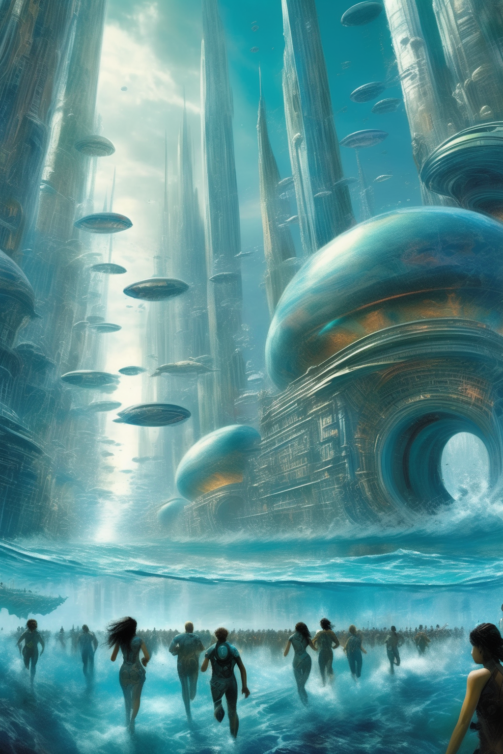 <lora:Stephan Martiniere Style:1>Stephan Martiniere Style - Atlantis futuristic city with close up of Citizens run away from the tsunami, by Kurt Roesch, anna dittman, googles, true realistic image, Bionic architecture of future