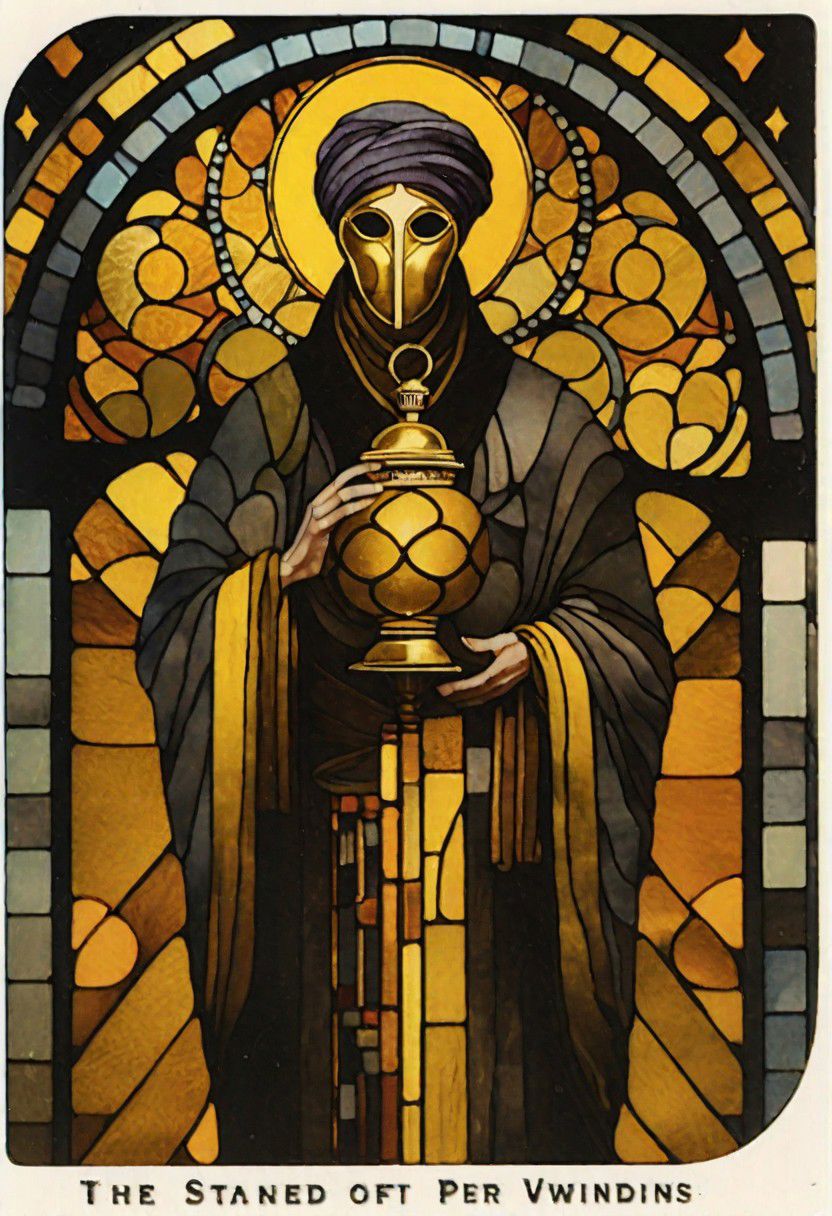 stained glass windows, dark grey background, art déco, occultist, antiquarian, byzanthine man in black and yellow robes, ornate lantern, ((man wearing golden mask)), (man wearing turban), ((upwards shoulder pads)),