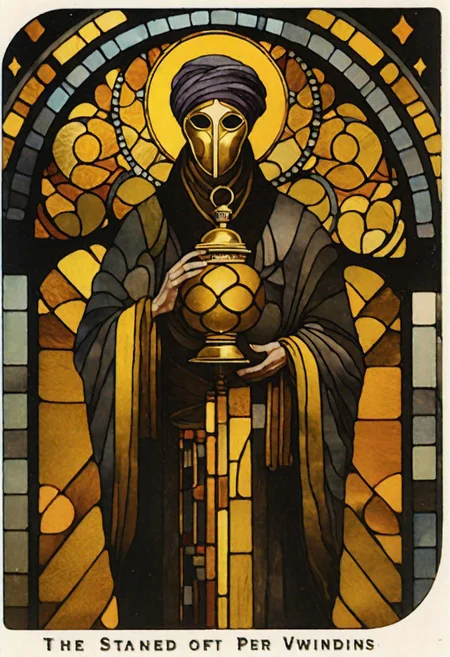 stained glass windows, dark grey background, art déco, occultist, antiquarian, byzanthine man in black and yellow robes, ornate lantern, ((man wearing golden mask)), (man wearing turban), ((upwards shoulder pads)),