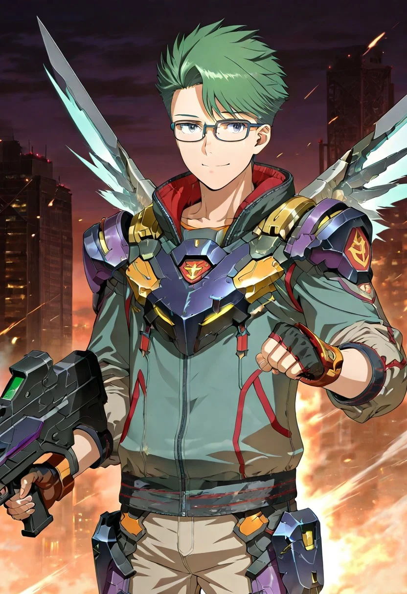 gb4_tao, green hair, short hair, grey eyes, 1boy, solo, male focus, glasses, lean body, wear mecha armor with eagle mecha wings, purple mecha armor theme, fly toward the viewer, fight pose, high quality, armaments equipped in the armor, score_9, futuristic city in the background, BREAK, his right hand is holding beam rifle, high quality, best quality, masterpiece, detailed draw,detailed eyes, detailed face