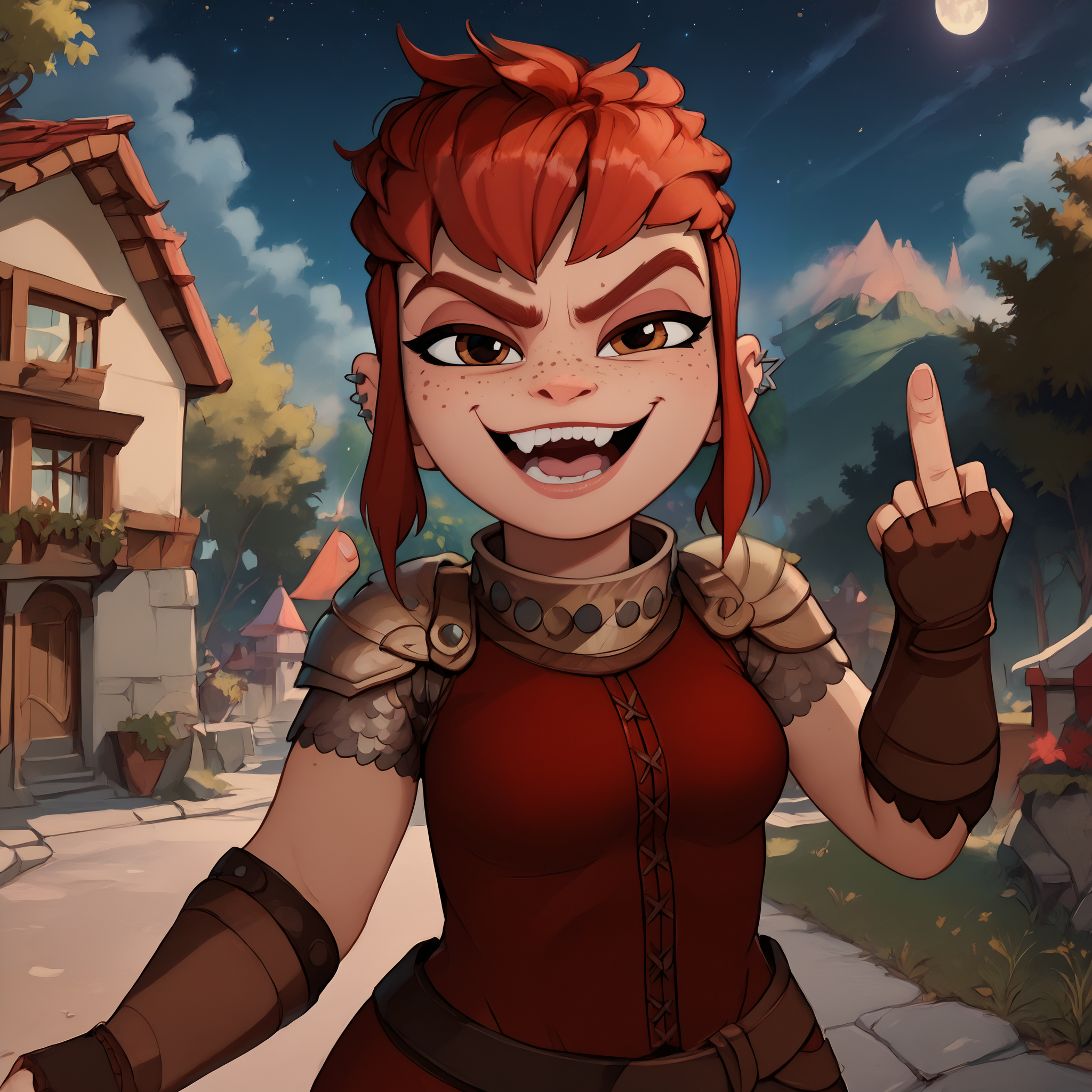 score_9, score_8_up, score_7_up, (emphasized-details:1.3), good_hands, better_hands, fckYou, middle finger, NimonaXL, short red hair, sidelocks, brown eyes, freckles, smug, smiling, open mouth, ear piercing, miniskirt, red tunic, looking at viewer, (fingerless gloves:1.3), shoulder armor, medium breasts, slender torso, standing, cowboy shot, night, outdoors, beautiful nature landscape, in a forest, numerous trees in background,  <lora:NimonaXL-11:0.9> <lora:pony_good_hands:1> <lora:PonyXL-FkckU-Finger-11:1> <lora:detailed_notrigger:2>
