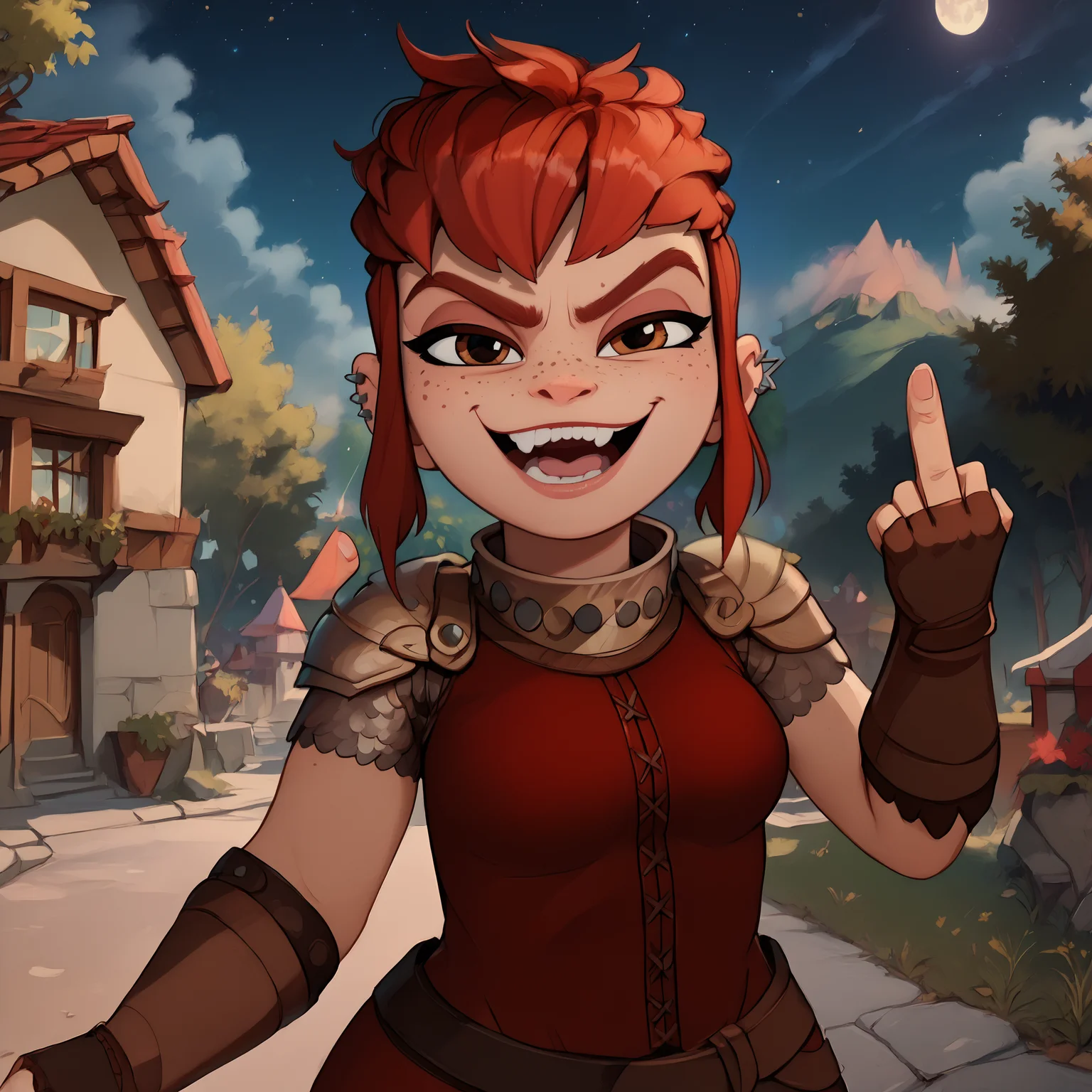 score_9, score_8_up, score_7_up, (emphasized-details:1.3), good_hands, better_hands, fckYou, middle finger, NimonaXL, short red hair, sidelocks, brown eyes, freckles, smug, smiling, open mouth, ear piercing, miniskirt, red tunic, looking at viewer, (fingerless gloves:1.3), shoulder armor, medium breasts, slender torso, standing, cowboy shot, night, outdoors, beautiful nature landscape, in a forest, numerous trees in background, <lora:NimonaXL-11:0.9> <lora:pony_good_hands:1> <lora:PonyXL-FkckU-Finger-11:1> <lora:detailed_notrigger:2>