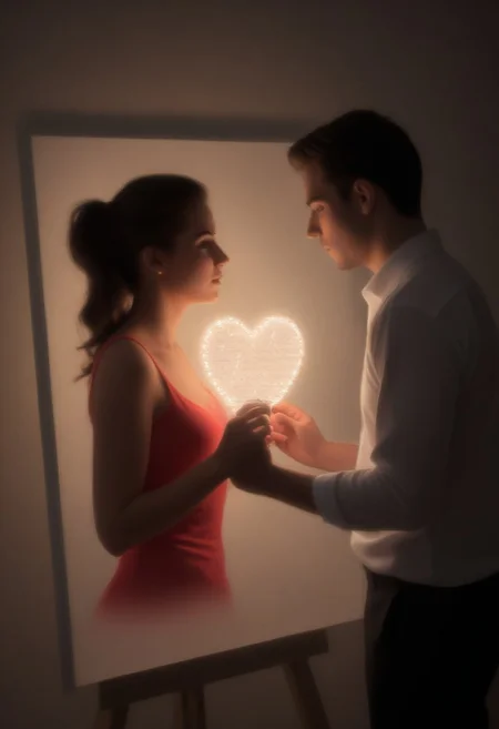 chico pintando cuadro para chica, es un regalo para san valentin. Hay un corazon en el cuadro. estilo fotografia. gran contraste de luces y sombras. Estilo vintage