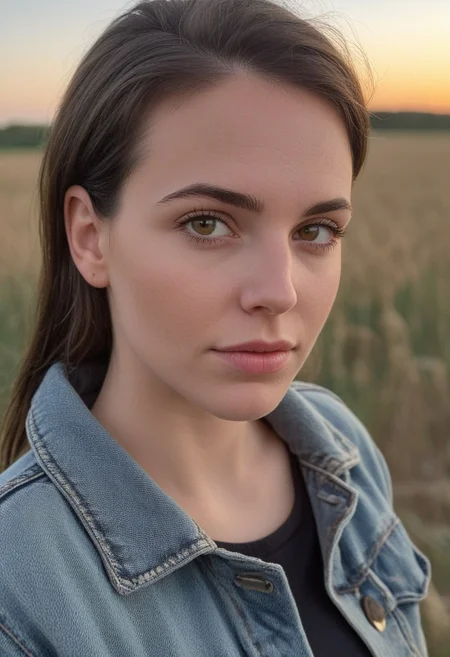 30yo american woman in a wheat field
Small eyes. Brown eyes.
Wearing ripped Denim jacket
no makeup. Clear skin. realistic skin style
Long dark black slick back hair. No makeup. Dusk, Street light. Looking at camera POV. Slight smile, tilting head.. Tilt head. Hands in head, face, lips.
Medium Close Up shot. Bokeh. Bokeh light. Sunset. yellow, purple sky.