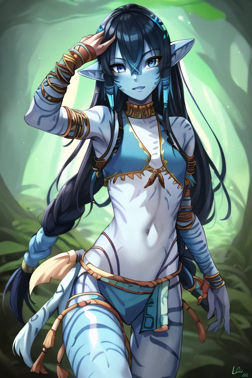 high resolution, high detail, masterpiece, 1man, proportional eyes, blue skin, tribal navi <lora:navi_v10:1>, wearing loincloth, canvas crop top,