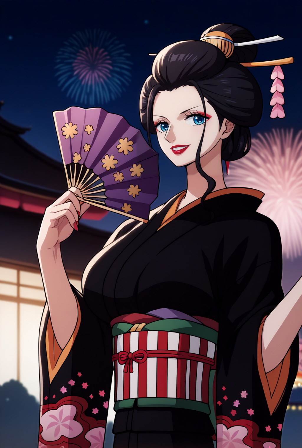 score_9, score_8_up, source_anime,  BREAK solo, 1girl, cowboy shot, looking at viewer,
<lora:NicoRobinAIOPostPart1PdxlDwnsty-000008:1>, wanokuninr, blue eyes, black hair, single hair bun, hairbun, hair ornament, hair stick, kanzashi, japanese clothes, black dress, makeup, lipstick, obi, sash, floral print, wide sleeves,
huge breasts, smile, holding fan, 
festival, summer festival, outdoors, starry sky, fireworks,