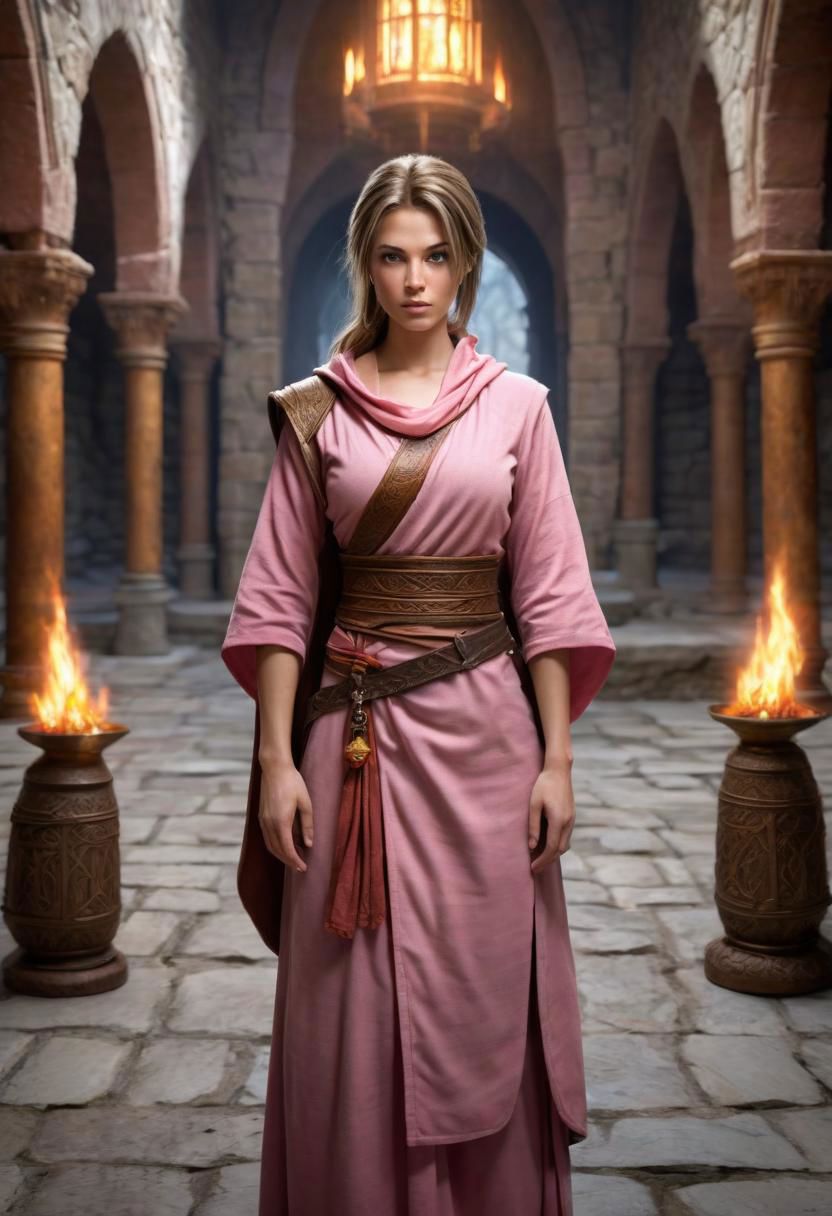 (photo:1.75) (D&D character) tan (Age 21) (monk/fire sorceress:1.23) (shorter layered hair, light brunette:1.23) (5'8) (130lbs) (28B-23-31 figure:1.24) makeup (sliver/pink attire:1.2) athletic (medium breasts) (blue eyes:1.15) in monastery full body real life HDR